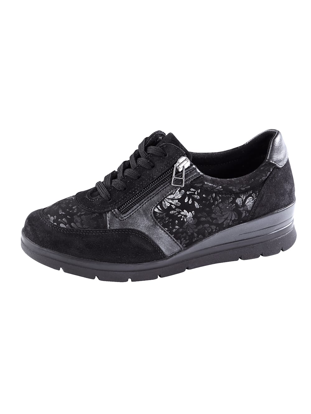 Vamos Schnurschuh mit floralen Details - Schwarz